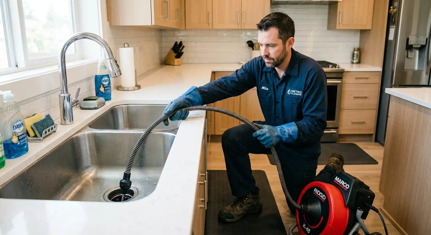Drain cleaning technician using a motorized snake on a kitchen sink in Spring Lake Park