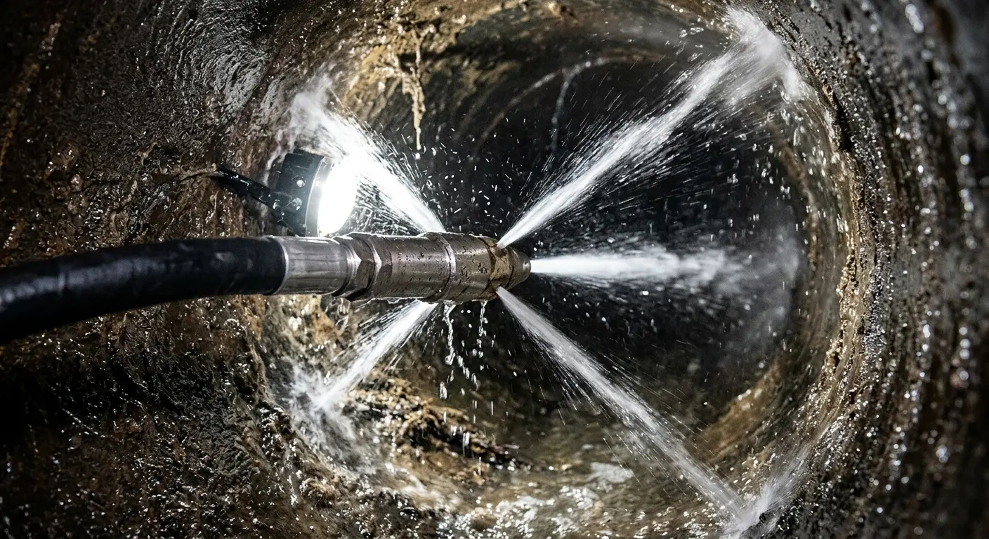 High-pressure hydro jetting nozzle cleaning sewer pipe for Sewer Line Relining in Spring Lake Park