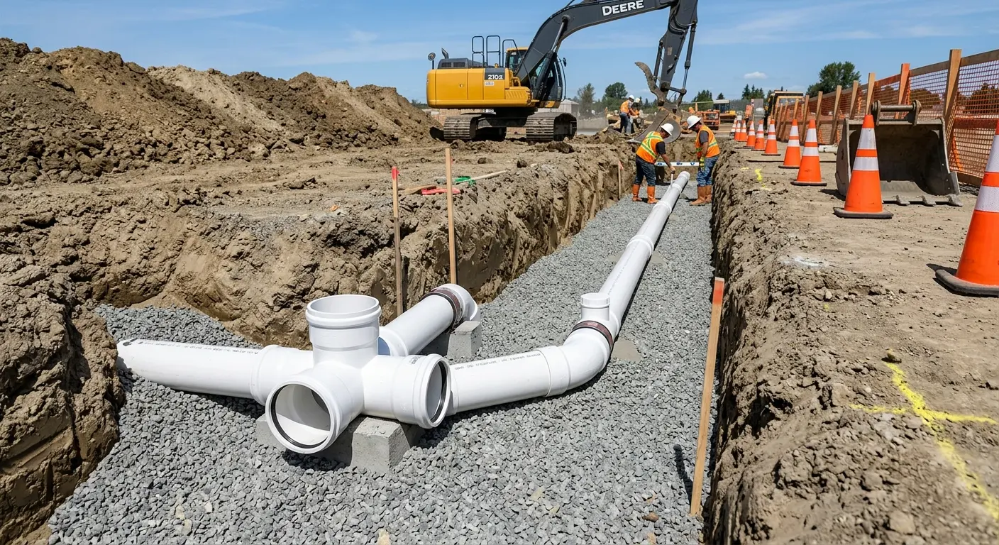 New PVC sewer pipe installation in open trench for Sewer Backup in Spring Lake Park
