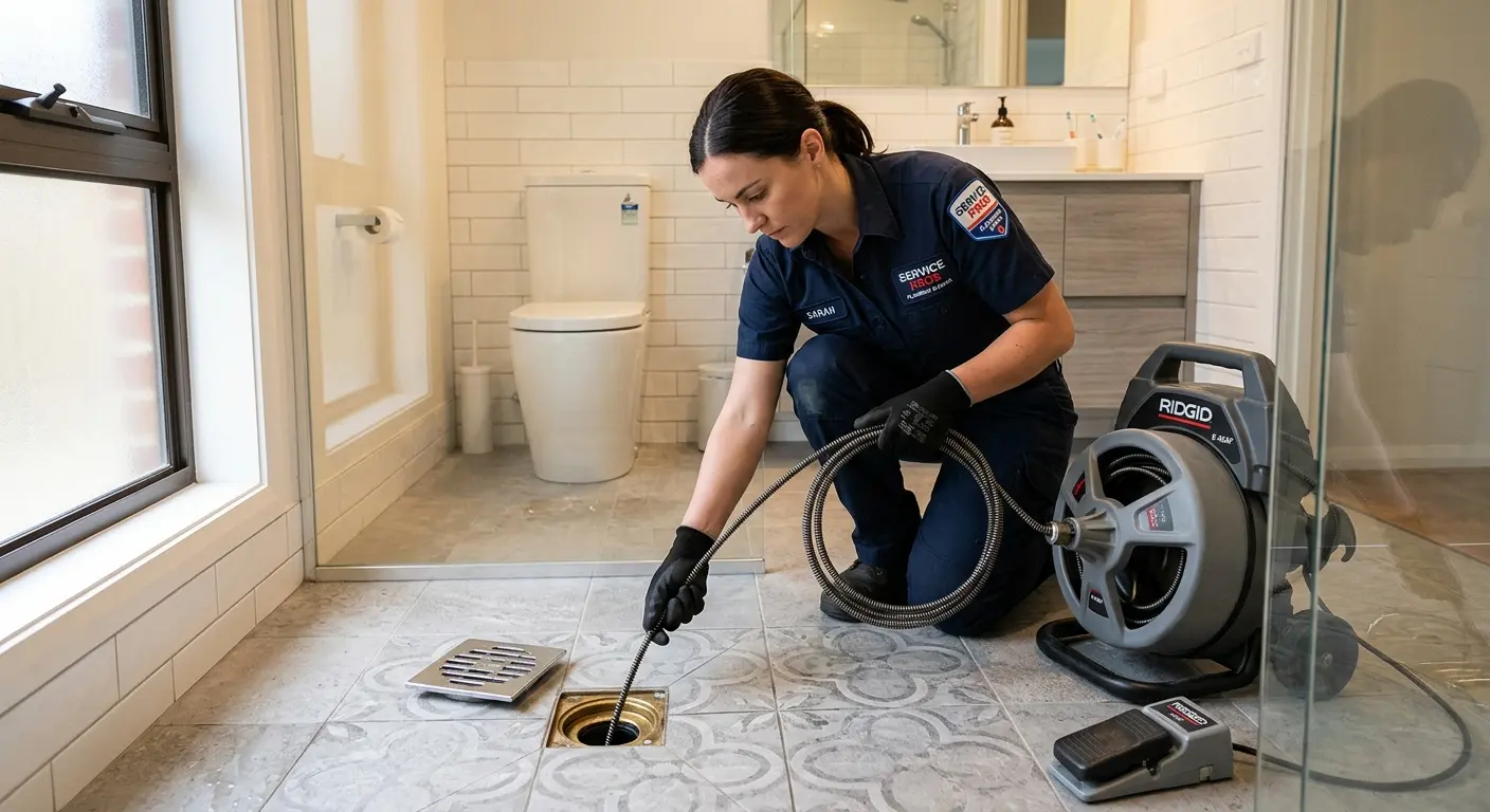 Technician clearing a bathroom floor drain for Sewer Line Installation in Spring Lake Park
